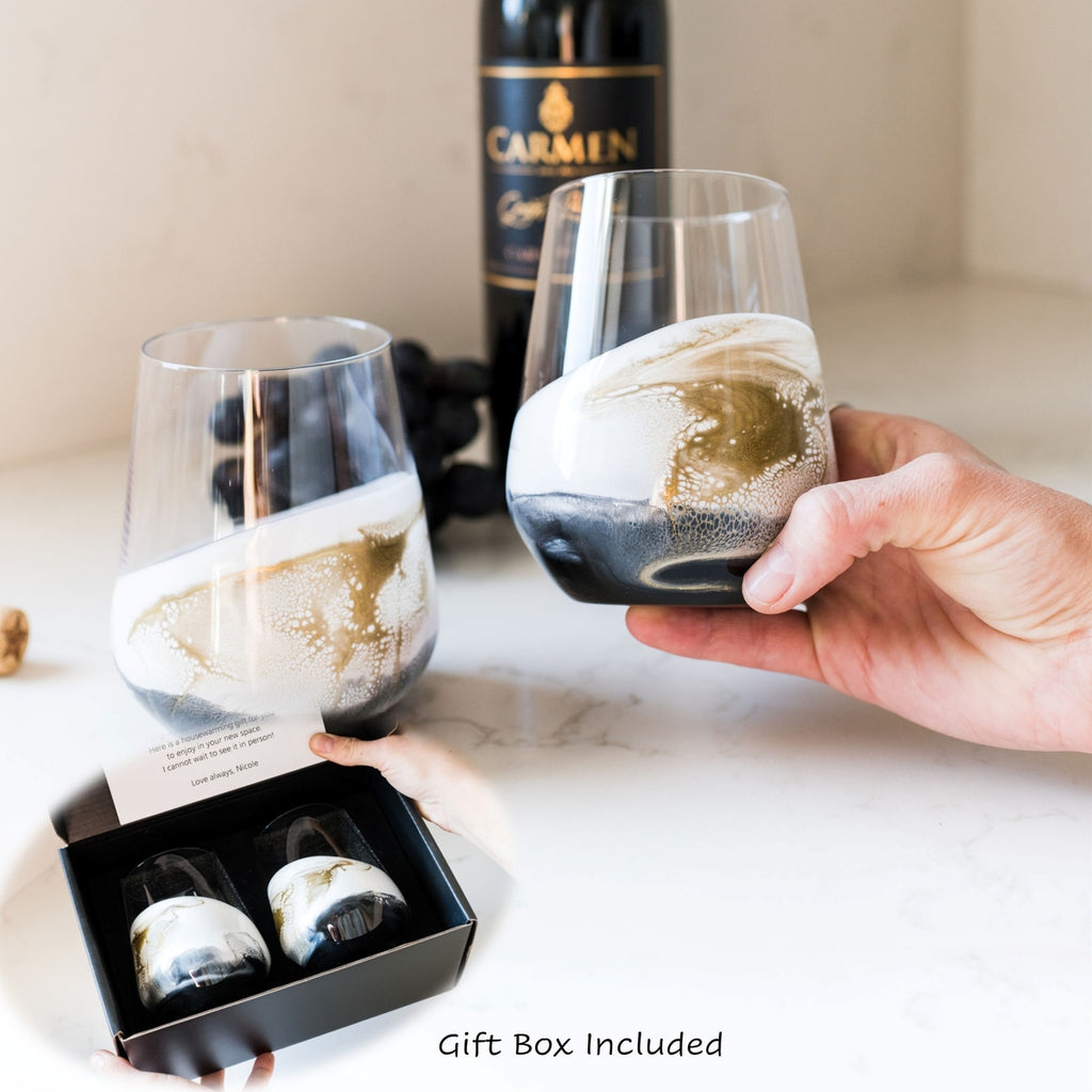 Resin Coated Stemless Wine Glasses - Set of 2 in Gift Box