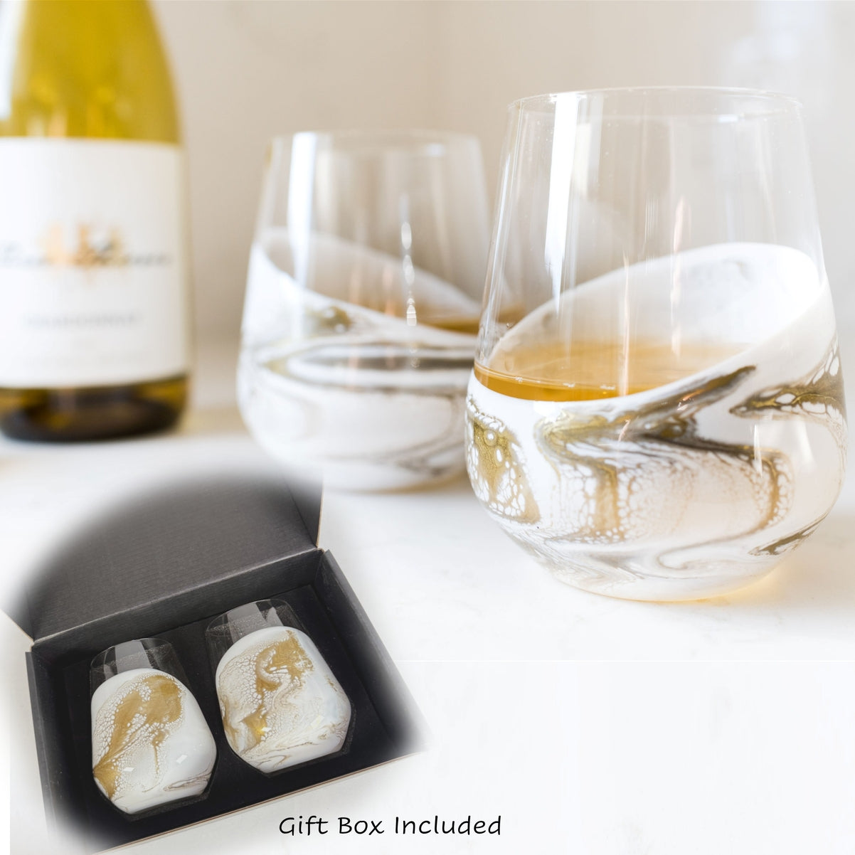 Resin Coated Stemless Wine Glasses - Set of 2 in Gift Box