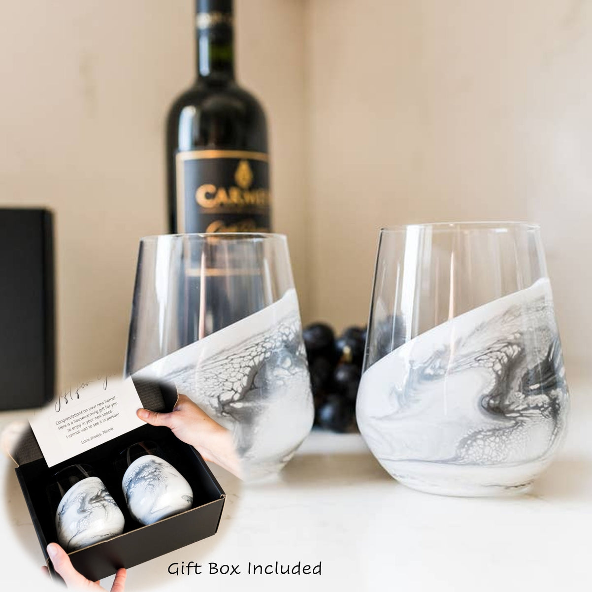 Resin Coated Stemless Wine Glasses - Set of 2 in Gift Box