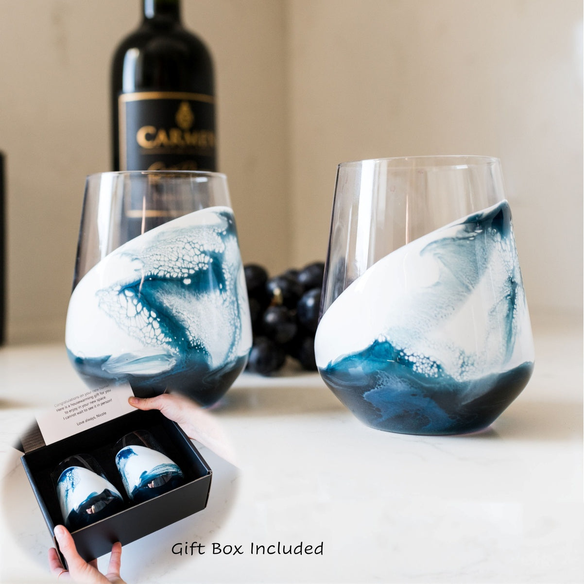 Resin Coated Stemless Wine Glasses - Set of 2 in Gift Box