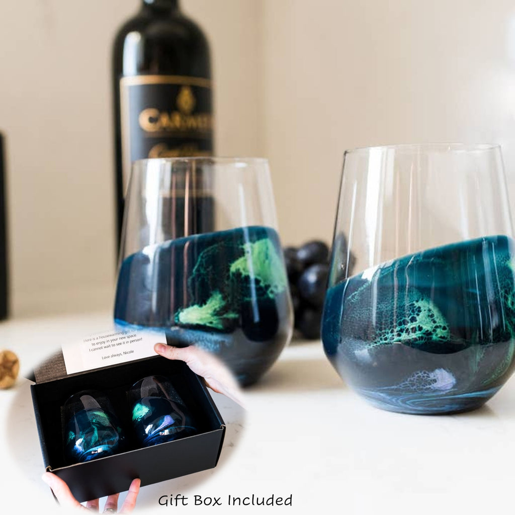 Resin Coated Stemless Wine Glasses - Set of 2 in Gift Box
