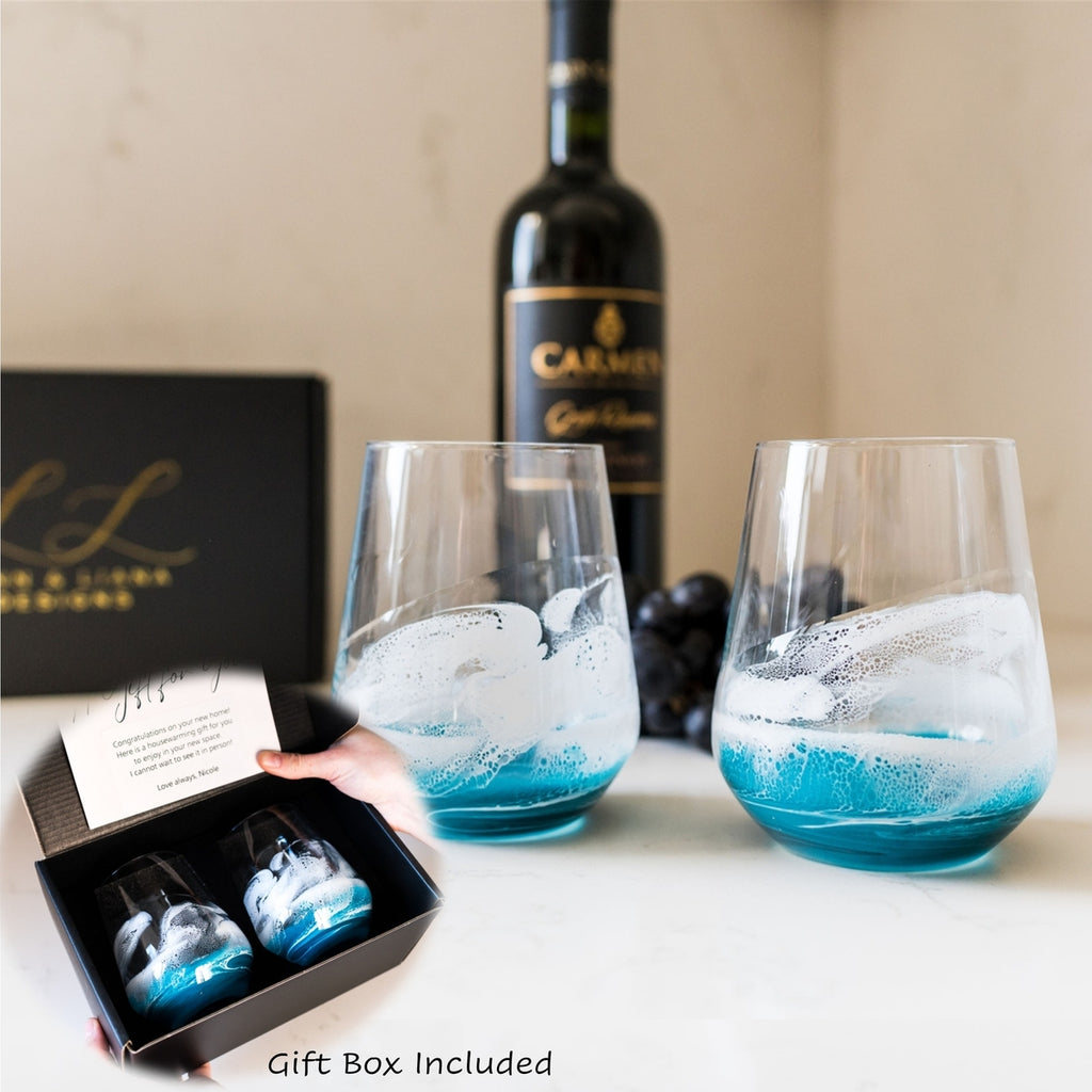 Resin Coated Stemless Wine Glasses - Set of 2 in Gift Box